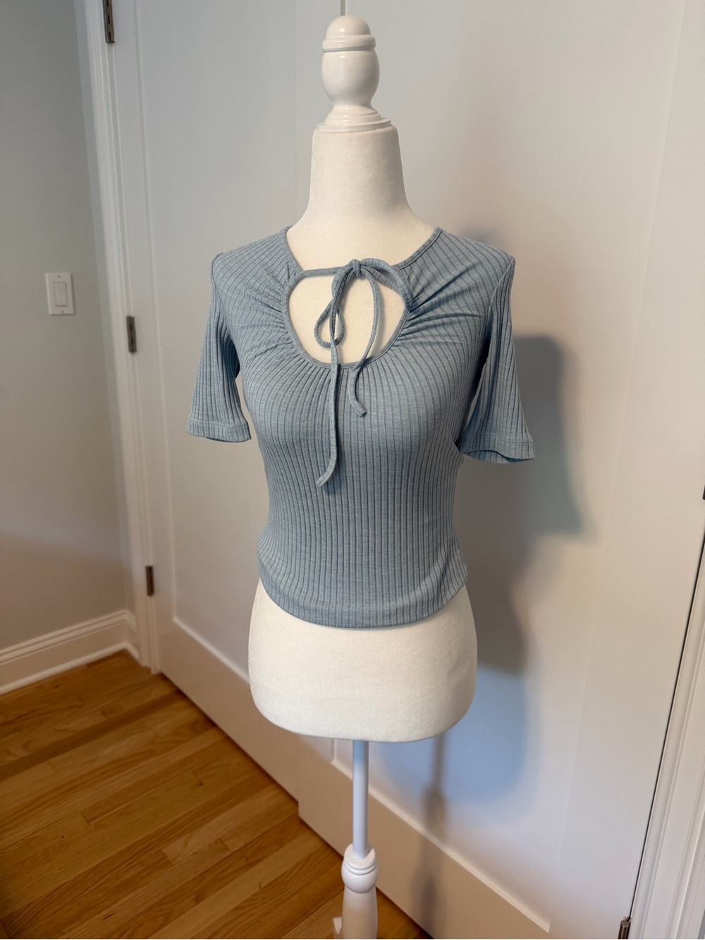 Jonathan Simkhai Light Blue Ribbed Tie-Front Keyhole Short Sleeve Top